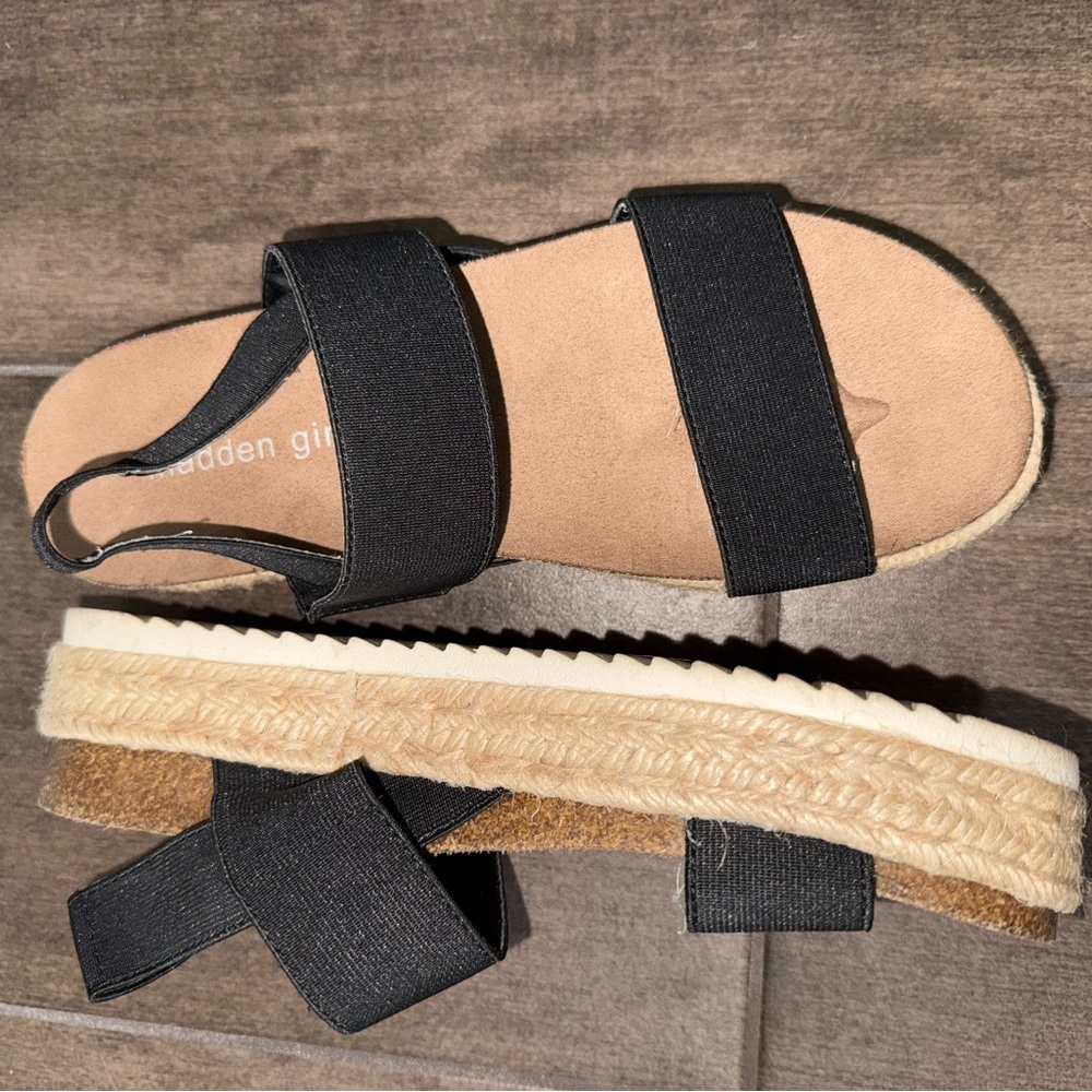 Madden Girl Black and Tan Espadrille Sandals - Picture 1 of 4